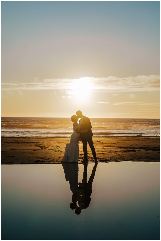 Newlyweds at sunset during their Surfsand Resort Cannon Beach Micro Wedding on the Oregon Coast